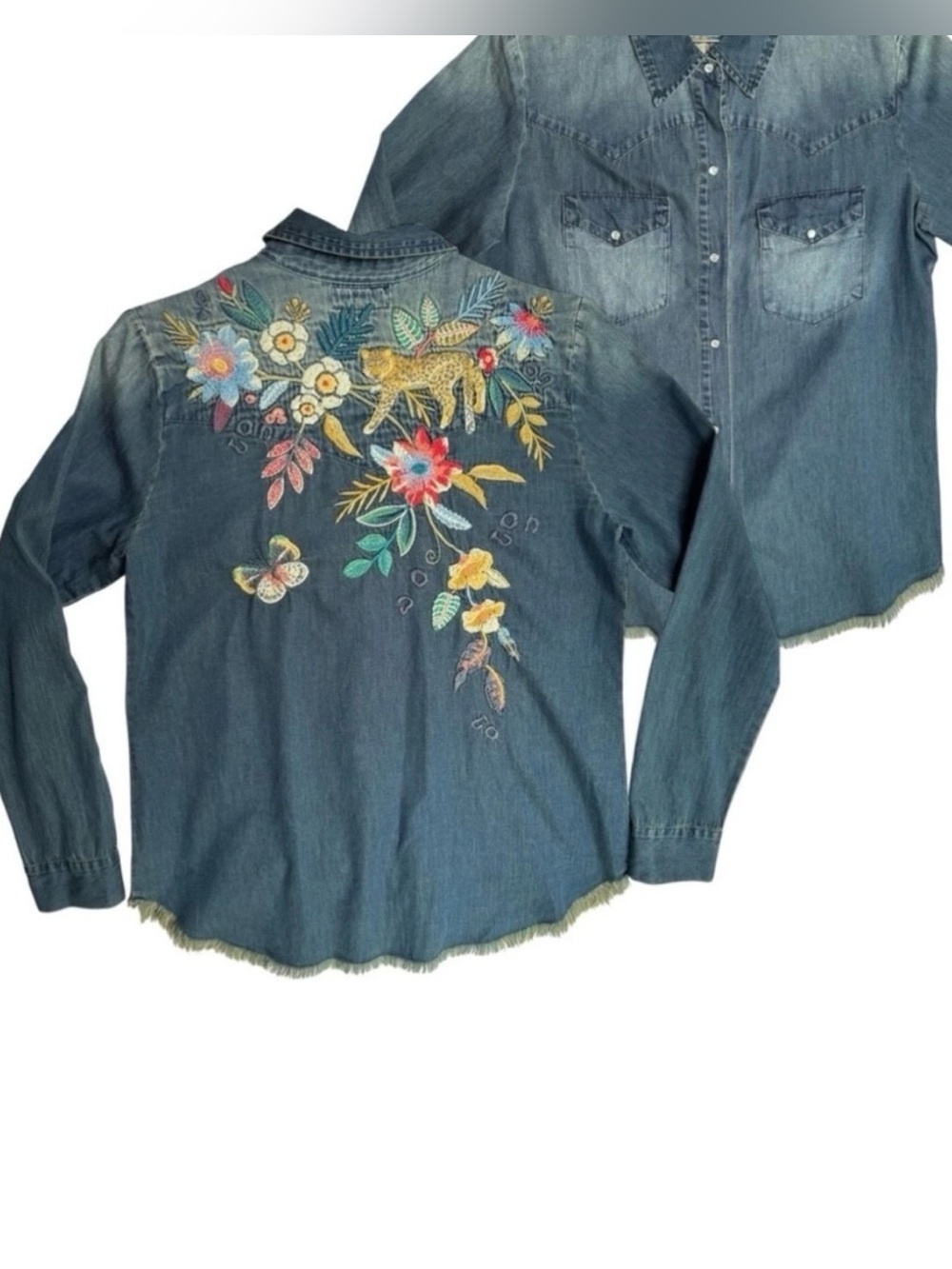 Johnny Was Size Large Denim Frayed Hem Long Sleeve Shirt
